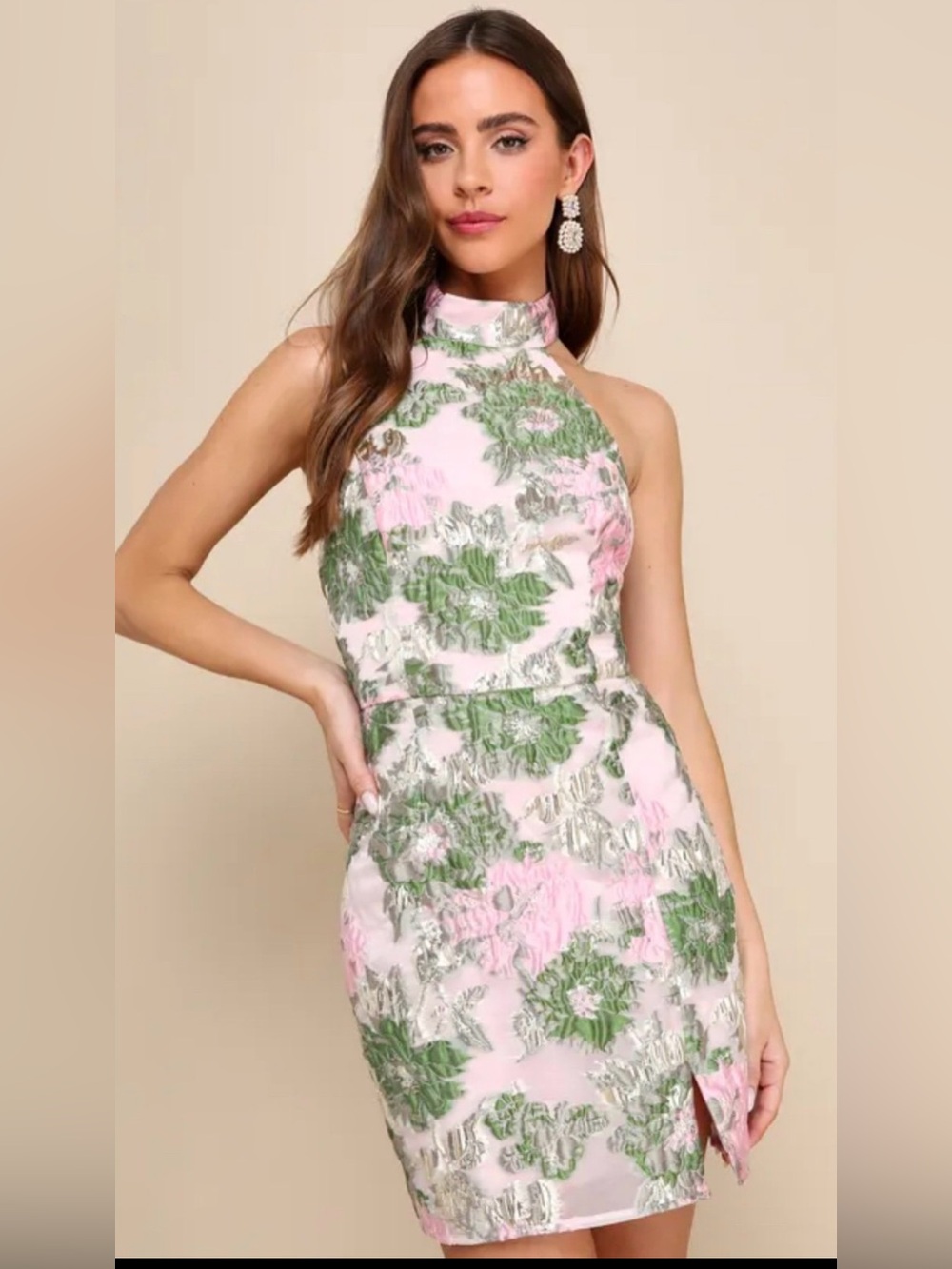 🌸 Lulus Floral Metallic Jacquard Halter Mini Dress Medium NWT ✨💖